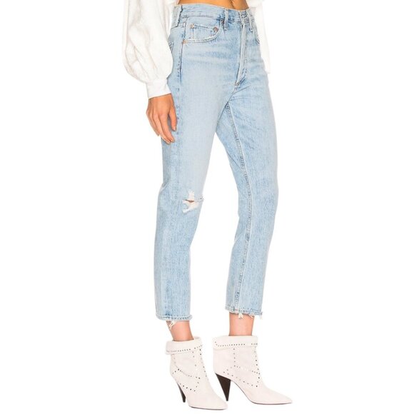 New Agolde Riley High Rise Straight Leg Crop Jeans Size 27 In Shatter Wash Blue - Picture 4 of 16
